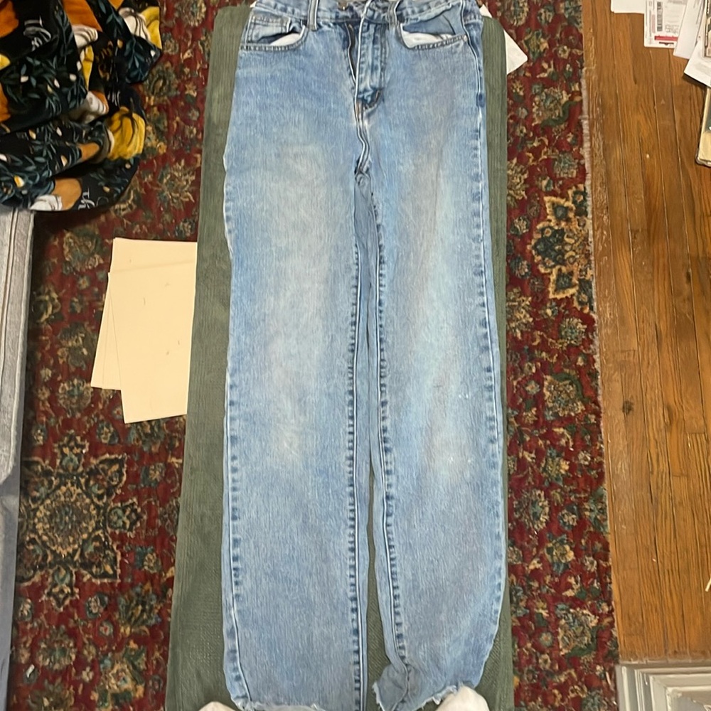 PrettyLitteThing Blue Jean Size UK 6, marker stain back pocket